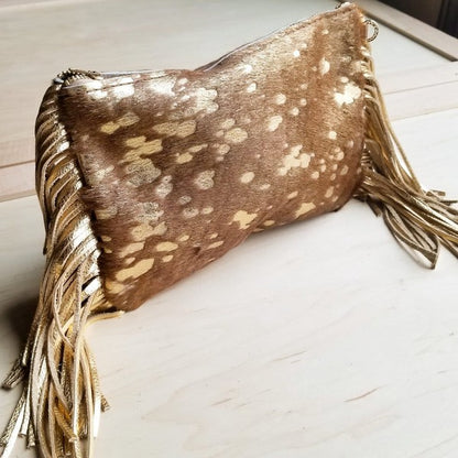 Tan and Gold Hair-on-Hide Leather Clutch Handbag