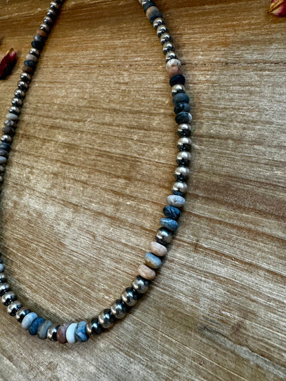 18 Inch 6 mm Sterling Silver Pearls necklace with Black Picasso jasper beads