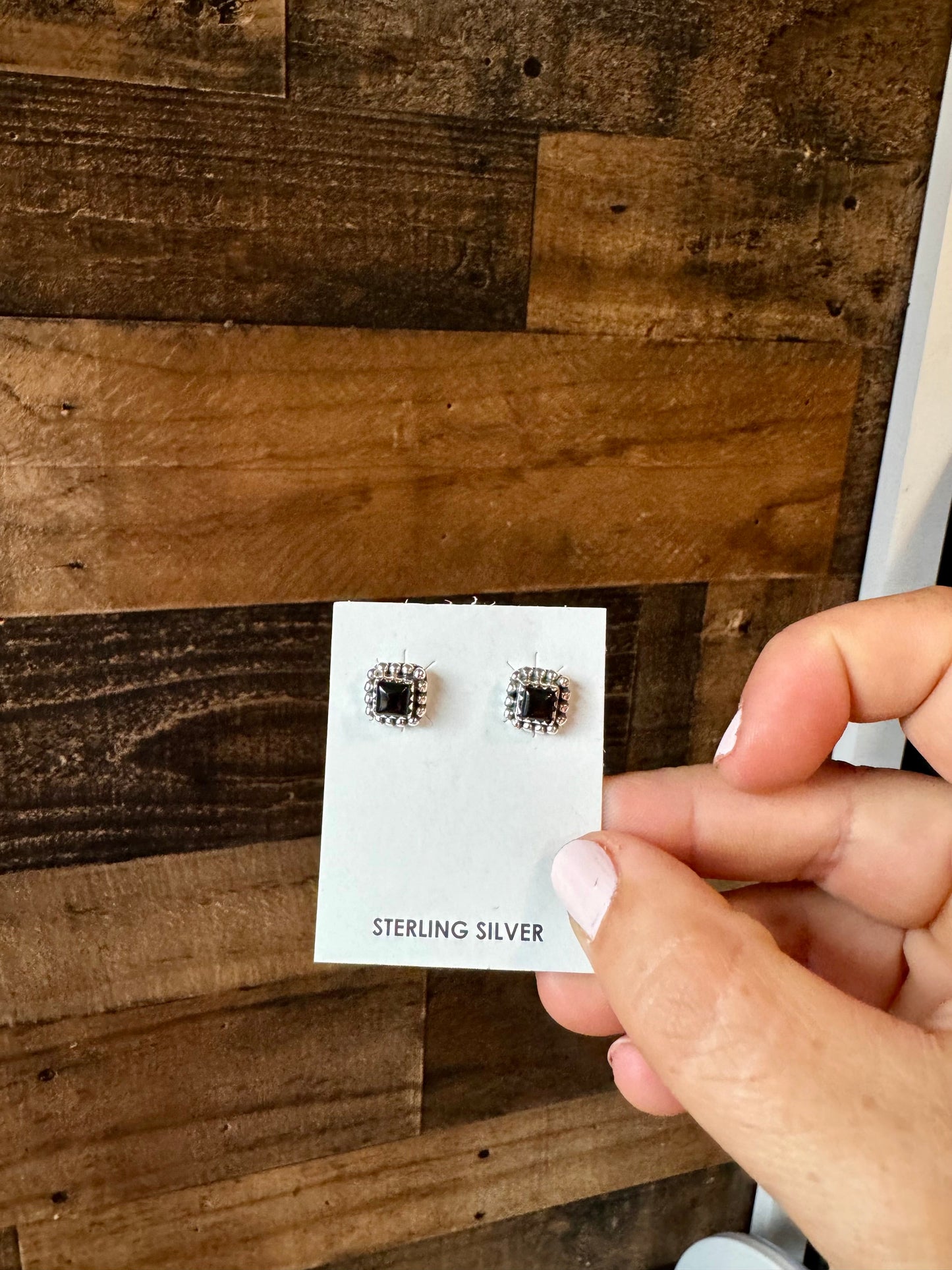 Mini square Sterling silver stud earrings with black Onyx