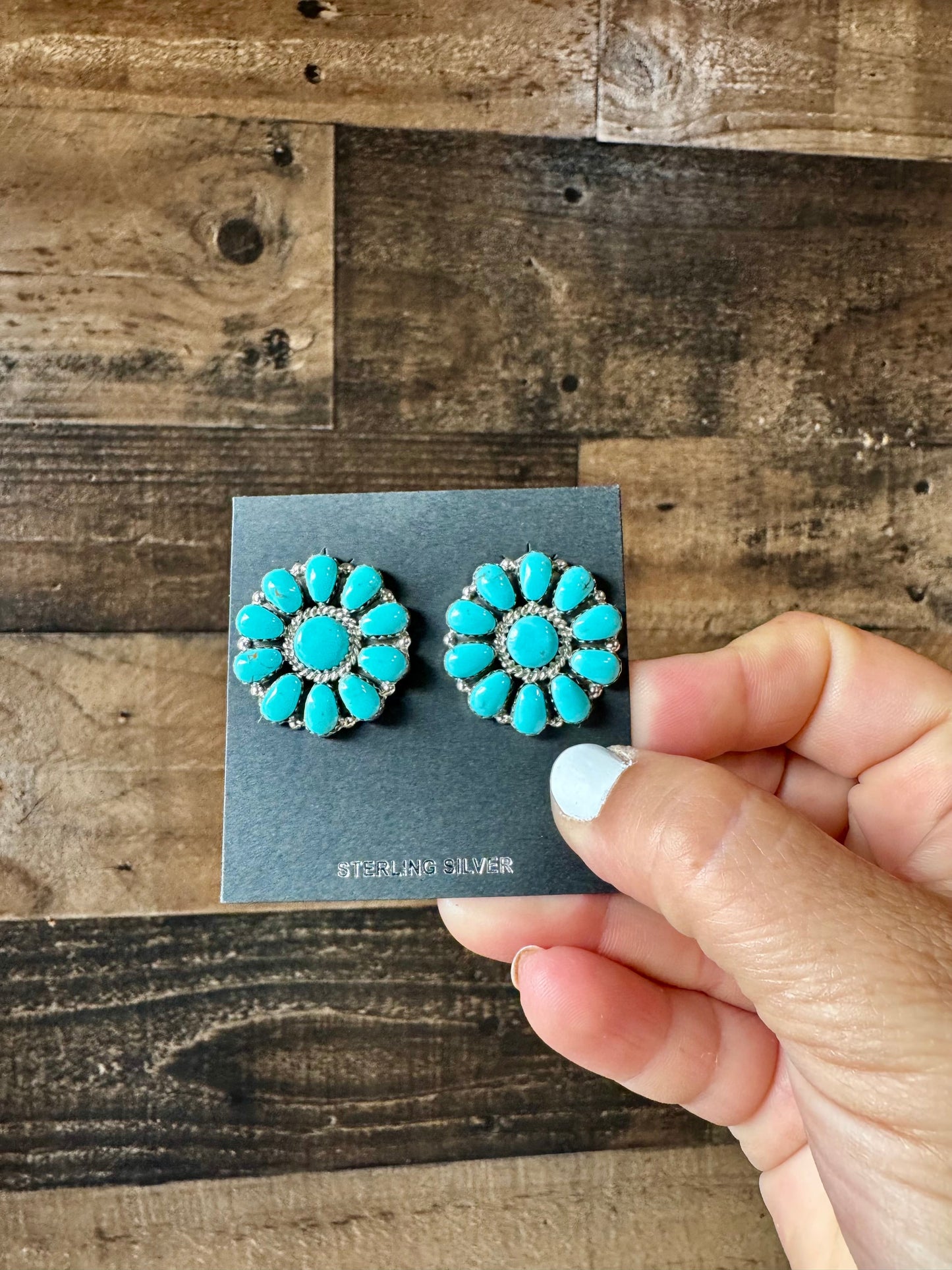 Cluster earrings stud - sterling silver and turquoise