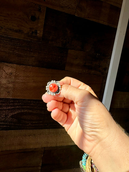 Ring size 9 - red spiny and sterling silver