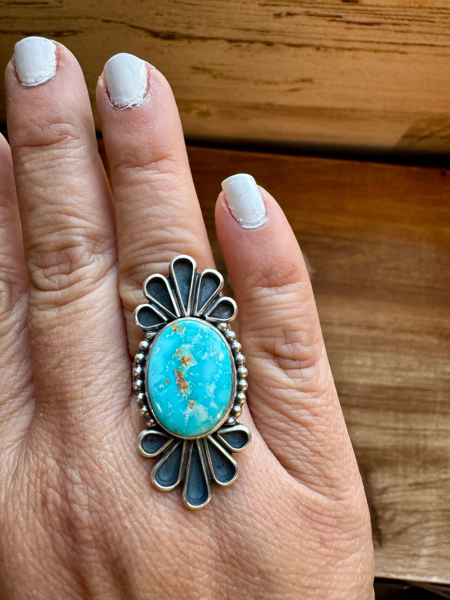 Long ring- size 9 - Royston turquoise ring and sterling silver