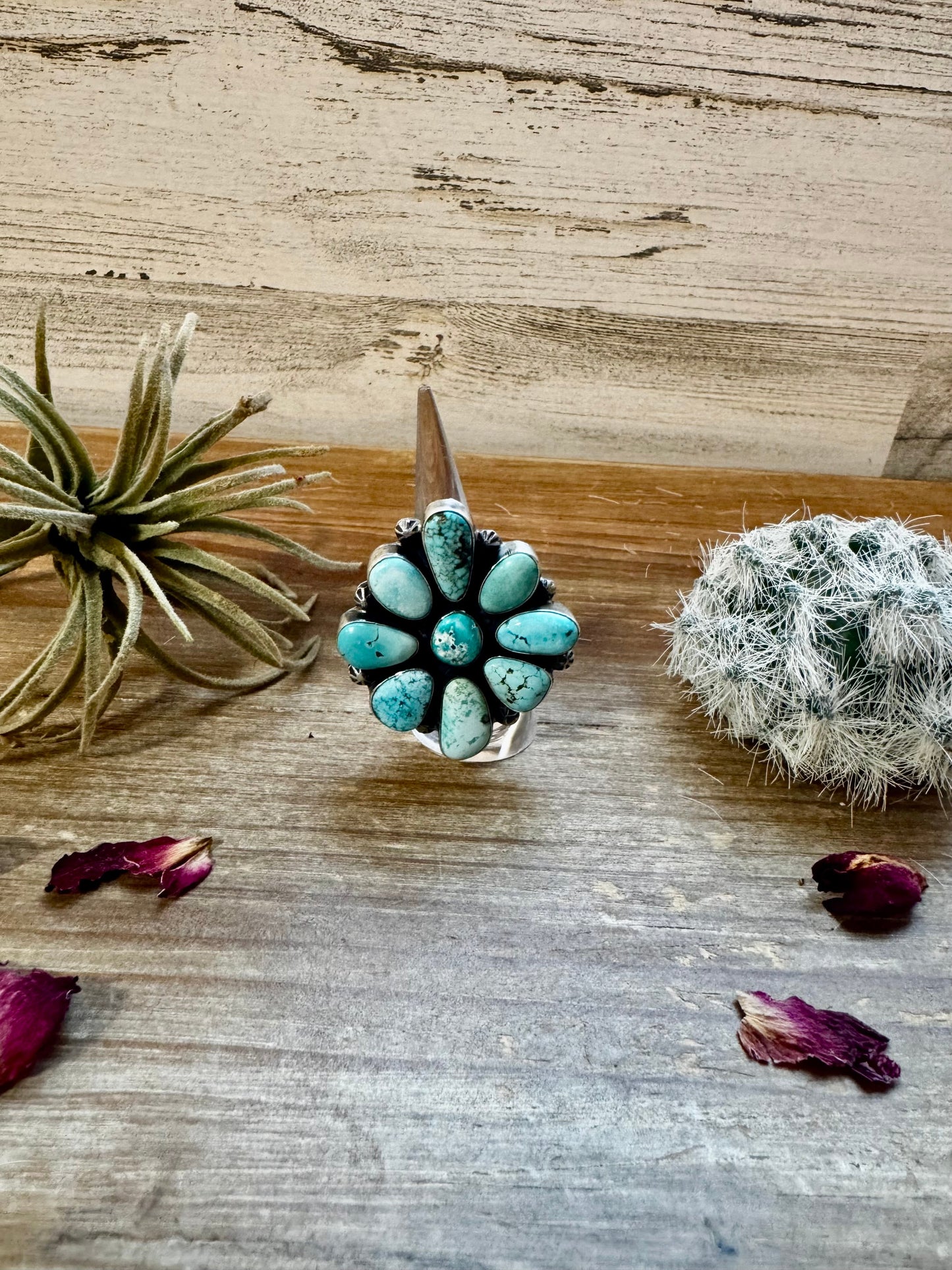 Big flower ring- size 7- Royston  turquoise ring and sterling silver