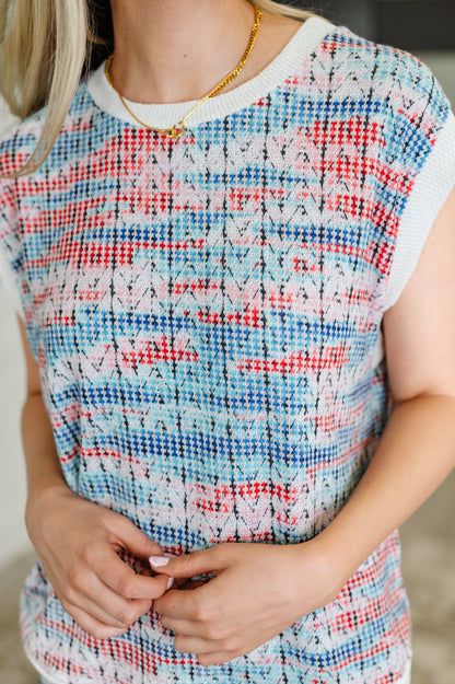 Blurred Beauty Textured Knit Top in Blue, Red and White