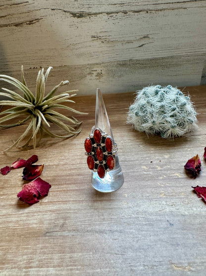 Cluster - size 7 - red spiny and sterling silver