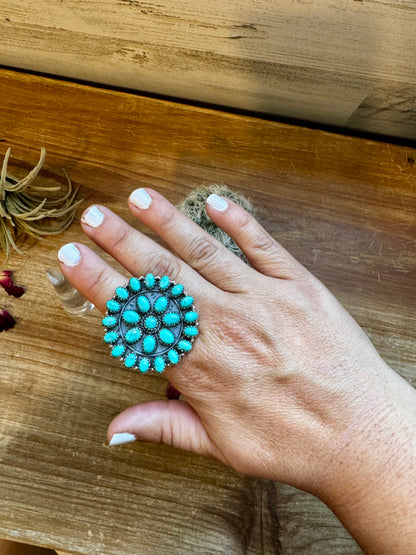 Round Cluster ring- adjustable - Kingman turquoise ring and sterling silver