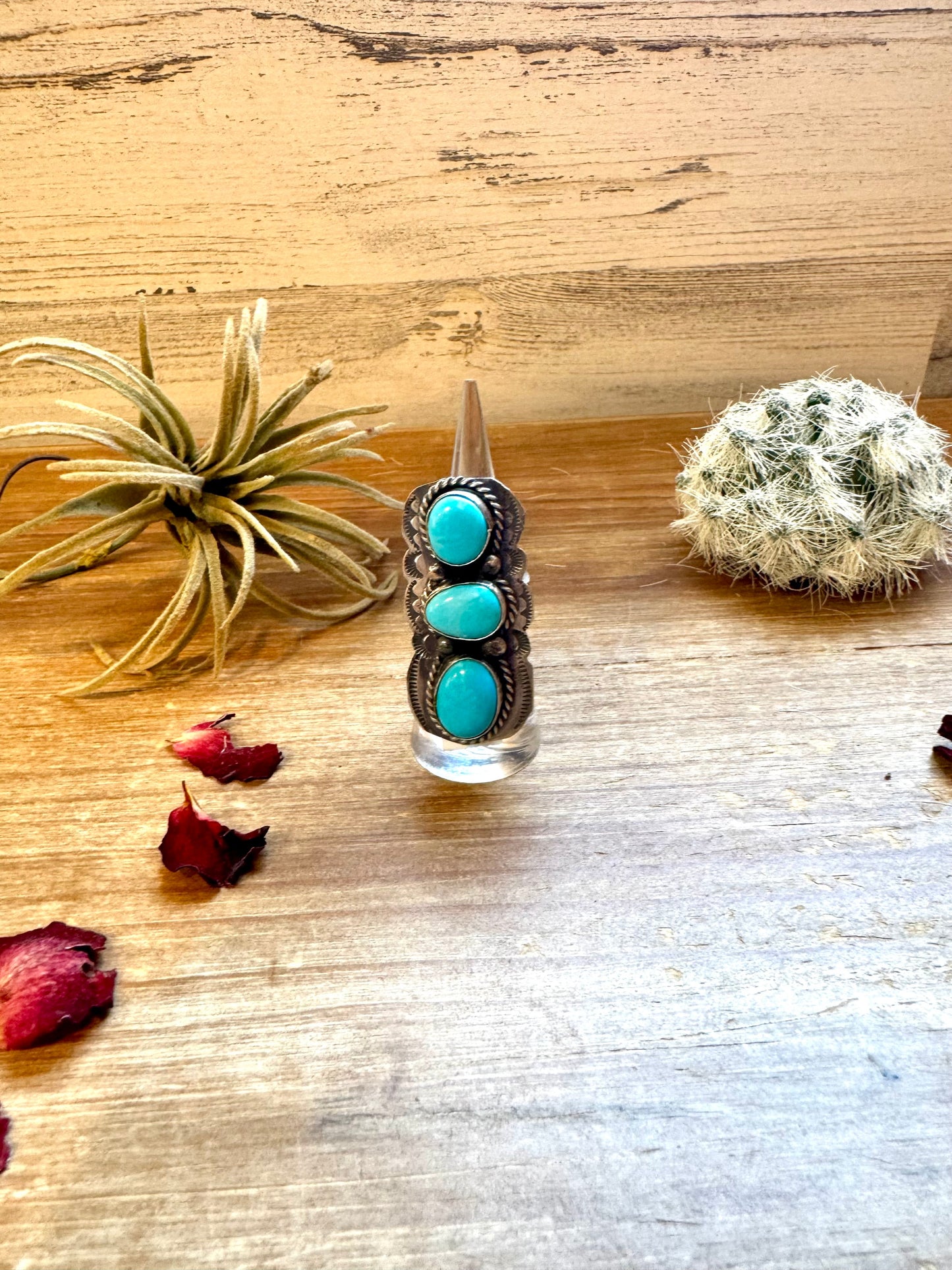 Long Ring- adjustable- 3 stone turquoise ring and sterling silver