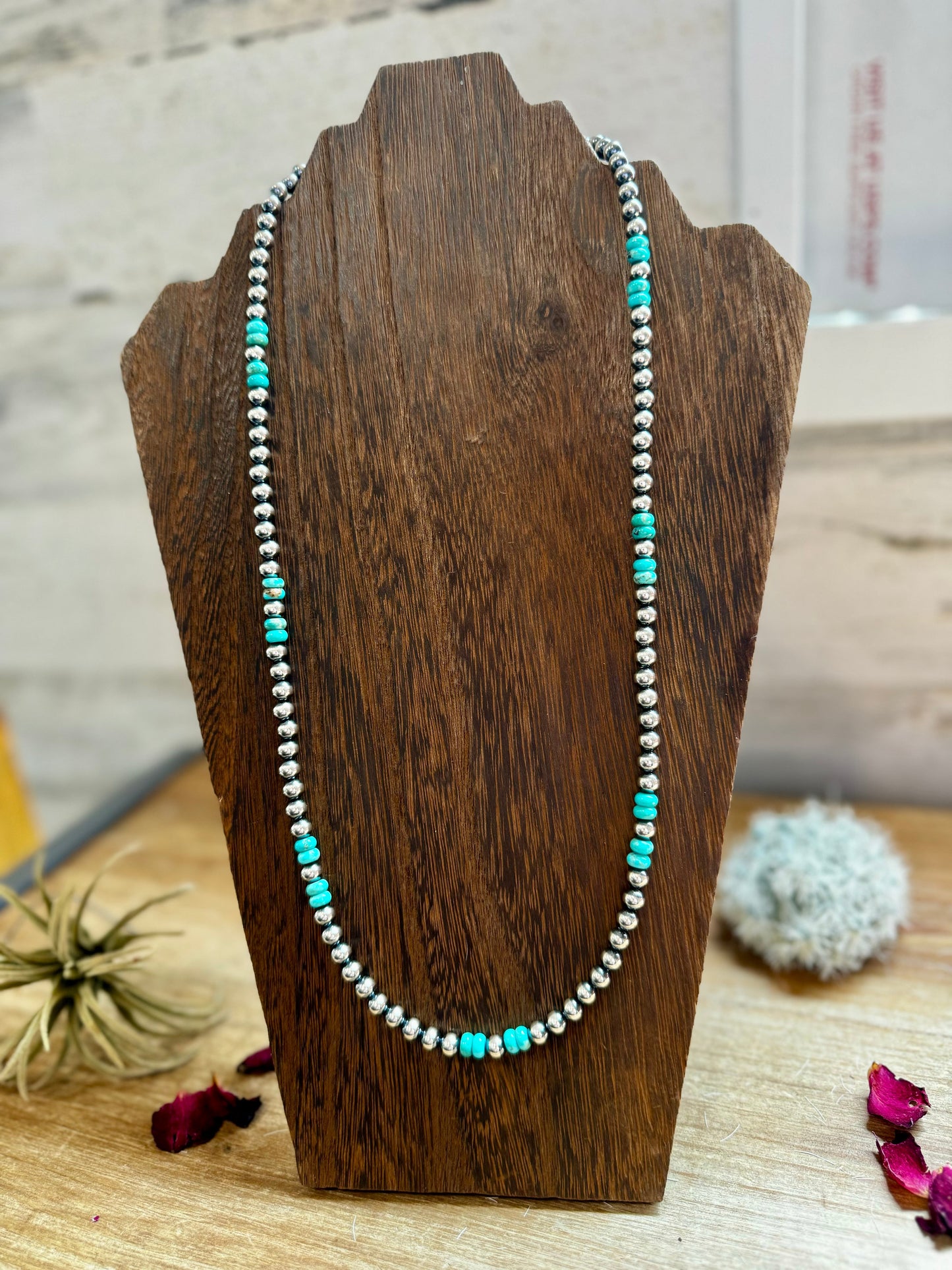 23 Inch 6 mm Sterling Silver Pearls necklace with turquoise rondelle - Blue