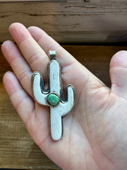 Cactus pendant white antler and turquoise