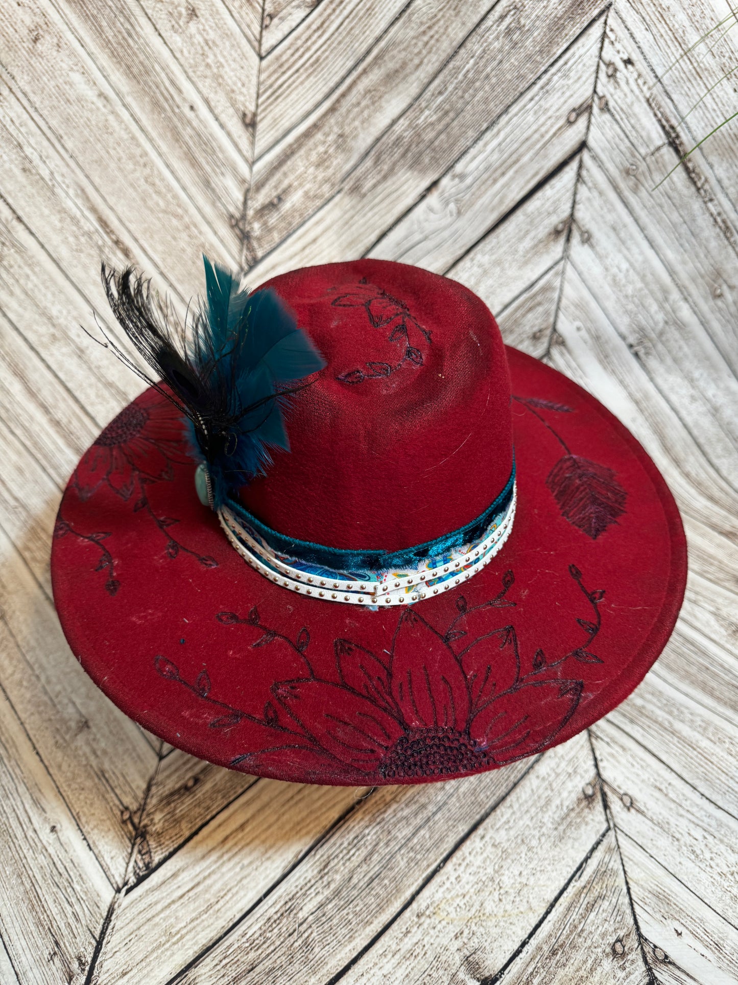 Turquoise Peacock & Boho Custom Felt Hat