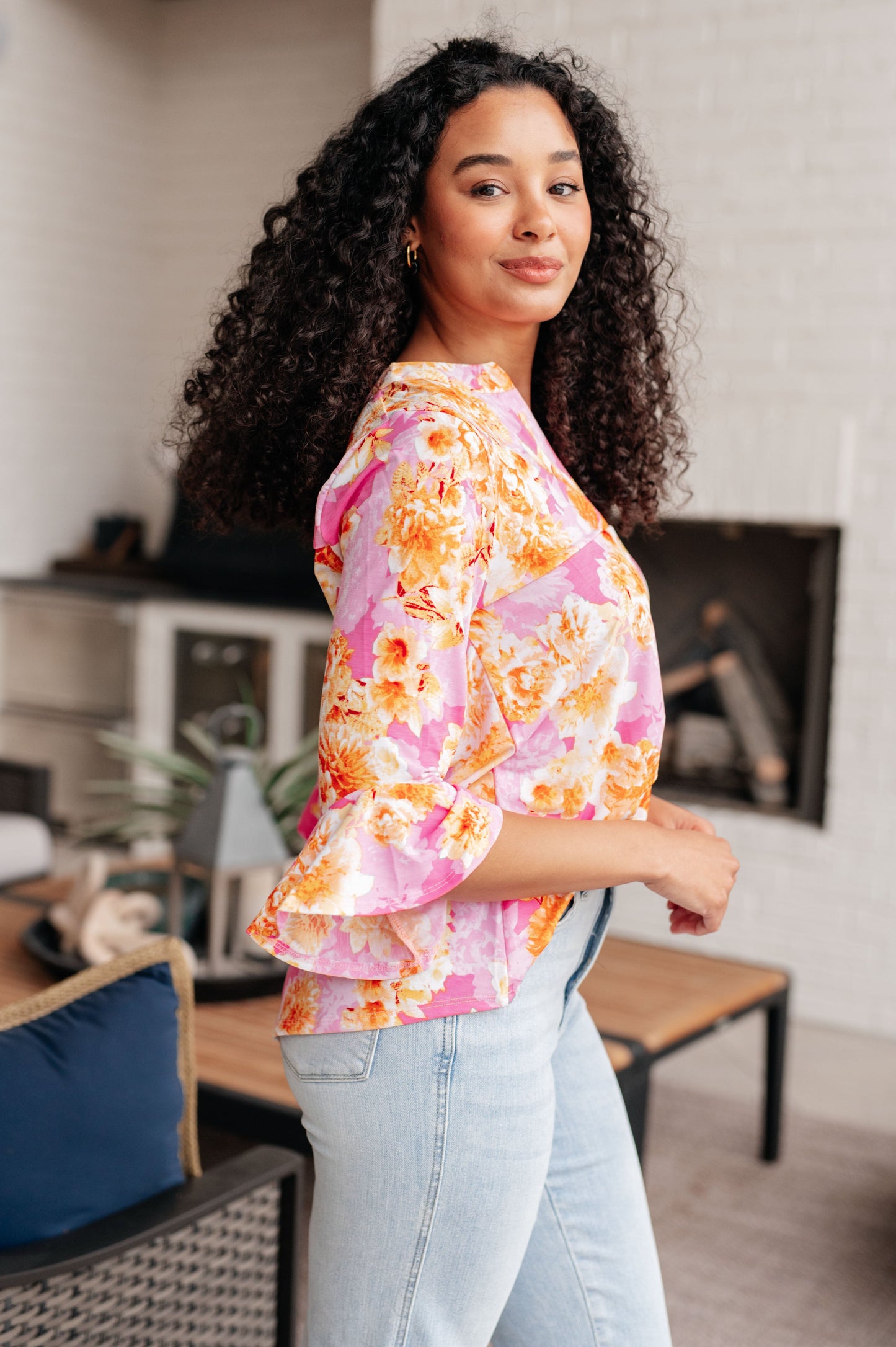 Lizzy Bell Sleeve Top in Pink and Gold Floral