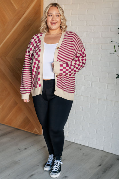 No Brainer Button Down Sweater Knit Cardigan in Magenta/Oatmeal