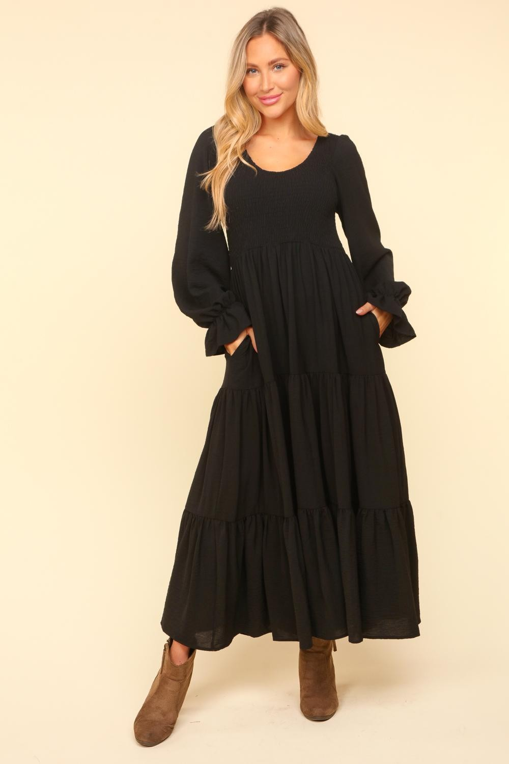 Smocking Maxi Woven Dress with Side Pockets in Black