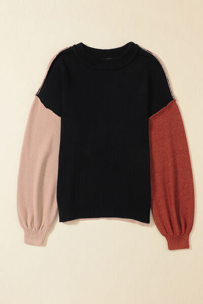 Contrast Round Neck Dropped Shoulder Sweater