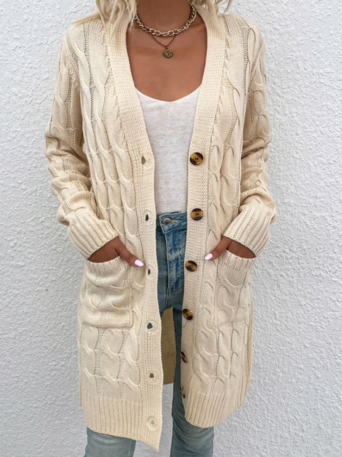 Cable-Knit Button Down Cardigan with Pockets