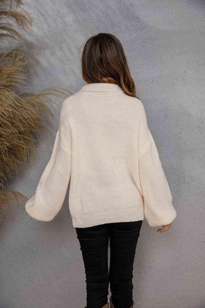 Collared Neck Zip-Up Knit Top
